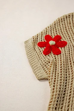 Sale Dear-Lover Crochet Flower Hollow-out Sweater T Shirt Light French Beige