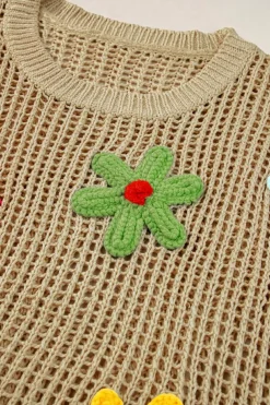 Sale Dear-Lover Crochet Flower Hollow-out Sweater T Shirt Light French Beige