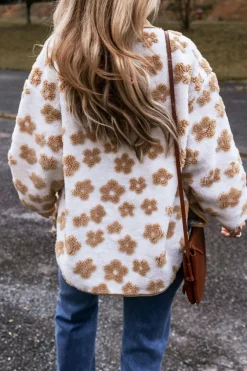 Hot Dear-Lover Cute Flower Pattern Button Up Fleece Jacket Light French Beige