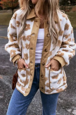 Hot Dear-Lover Cute Flower Pattern Button Up Fleece Jacket Light French Beige