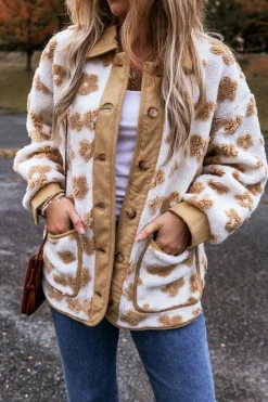 Hot Dear-Lover Cute Flower Pattern Button Up Fleece Jacket Light French Beige