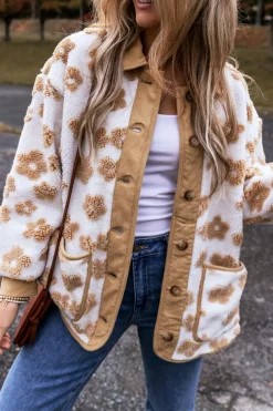 Hot Dear-Lover Cute Flower Pattern Button Up Fleece Jacket Light French Beige