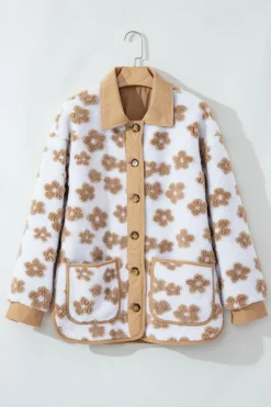 Hot Dear-Lover Cute Flower Pattern Button Up Fleece Jacket Light French Beige
