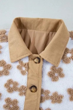 Hot Dear-Lover Cute Flower Pattern Button Up Fleece Jacket Light French Beige
