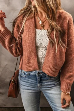 New Dear-Lover Drop Shoulder Open Front Cropped Cardigan Light French Beige