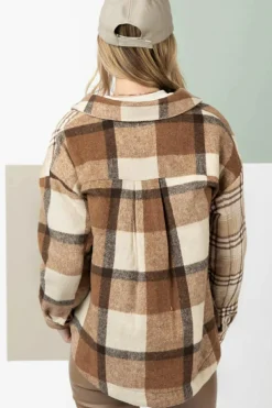 New Dear-Lover Flannel Plaid Double Flap Pocket Shacket Light French Beige