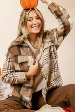 New Dear-Lover Flannel Plaid Double Flap Pocket Shacket Light French Beige