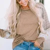 Sale Dear-Lover Floral Striped Patchwork Loose Long Sleeve Top Light French Beige