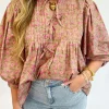 Fashion Dear-Lover Floral Print Bow Pintuck Bust Half Puff Sleeve Blouse Top Light French Beige