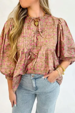 Fashion Dear-Lover Floral Print Bow Pintuck Bust Half Puff Sleeve Blouse Top Light French Beige