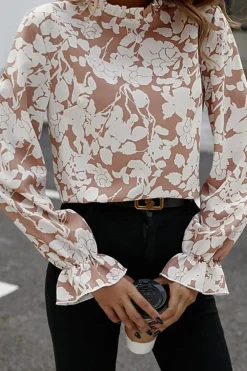 Hot Dear-Lover Floral Print Frilled Neckline Flounce Sleeve Blouse Light French Beige