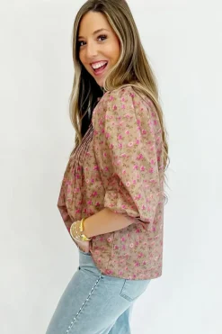 Fashion Dear-Lover Floral Print Bow Pintuck Bust Half Puff Sleeve Blouse Top Light French Beige