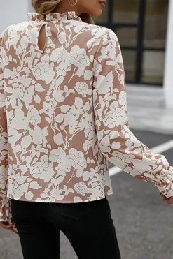 Hot Dear-Lover Floral Print Frilled Neckline Flounce Sleeve Blouse Light French Beige