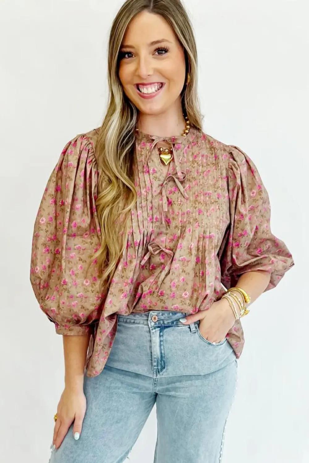 Fashion Dear-Lover Floral Print Bow Pintuck Bust Half Puff Sleeve Blouse Top Light French Beige