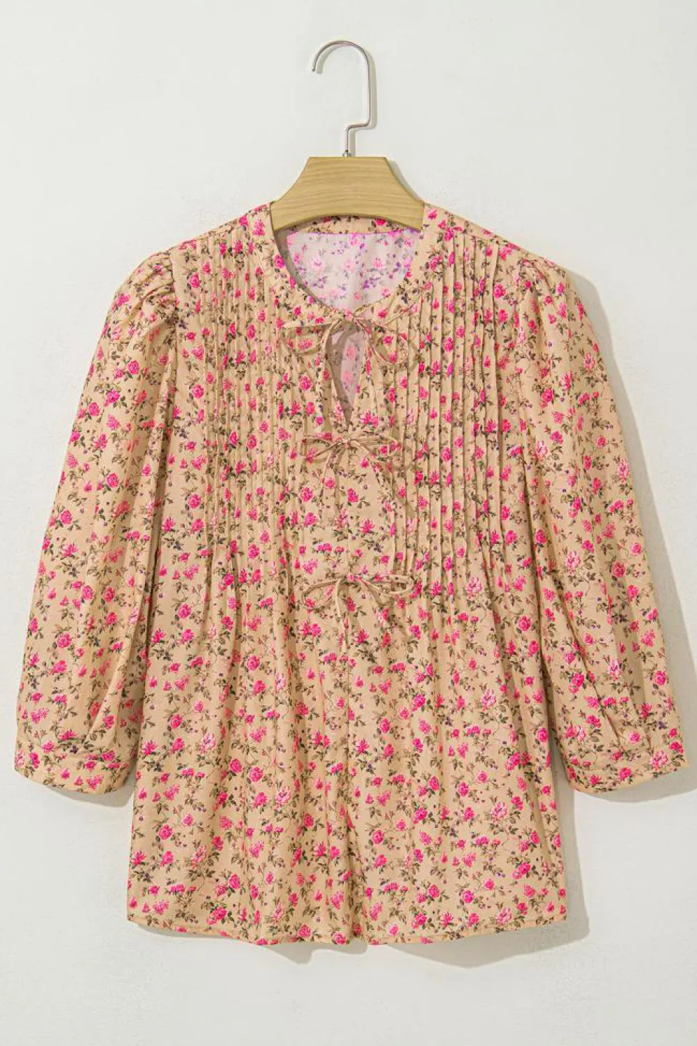 Fashion Dear-Lover Floral Print Bow Pintuck Bust Half Puff Sleeve Blouse Top Light French Beige