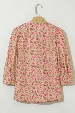 Fashion Dear-Lover Floral Print Bow Pintuck Bust Half Puff Sleeve Blouse Top Light French Beige