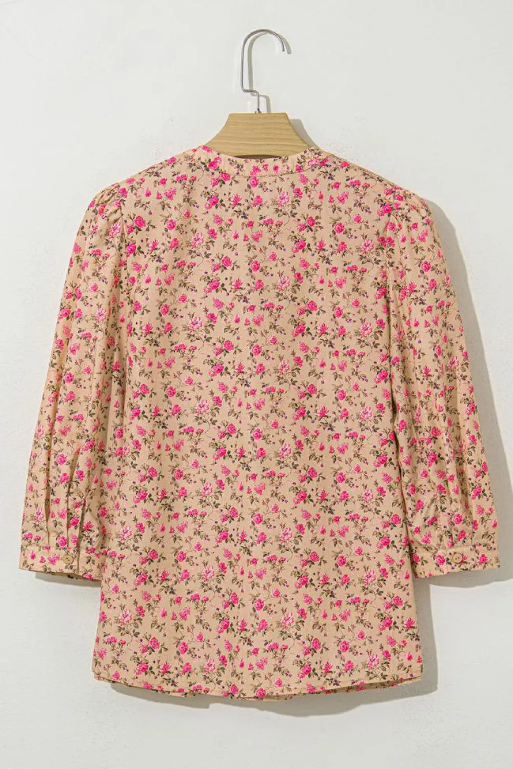 Fashion Dear-Lover Floral Print Bow Pintuck Bust Half Puff Sleeve Blouse Top Light French Beige