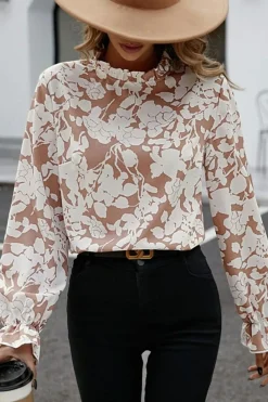 Hot Dear-Lover Floral Print Frilled Neckline Flounce Sleeve Blouse Light French Beige