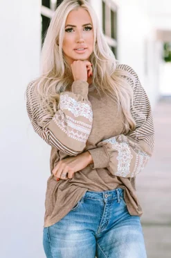 Sale Dear-Lover Floral Striped Patchwork Loose Long Sleeve Top Light French Beige
