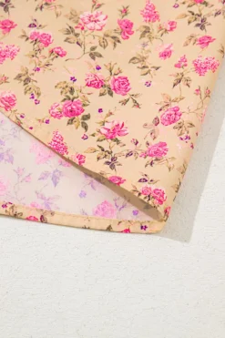 Fashion Dear-Lover Floral Print Bow Pintuck Bust Half Puff Sleeve Blouse Top Light French Beige