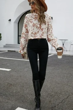 Hot Dear-Lover Floral Print Frilled Neckline Flounce Sleeve Blouse Light French Beige