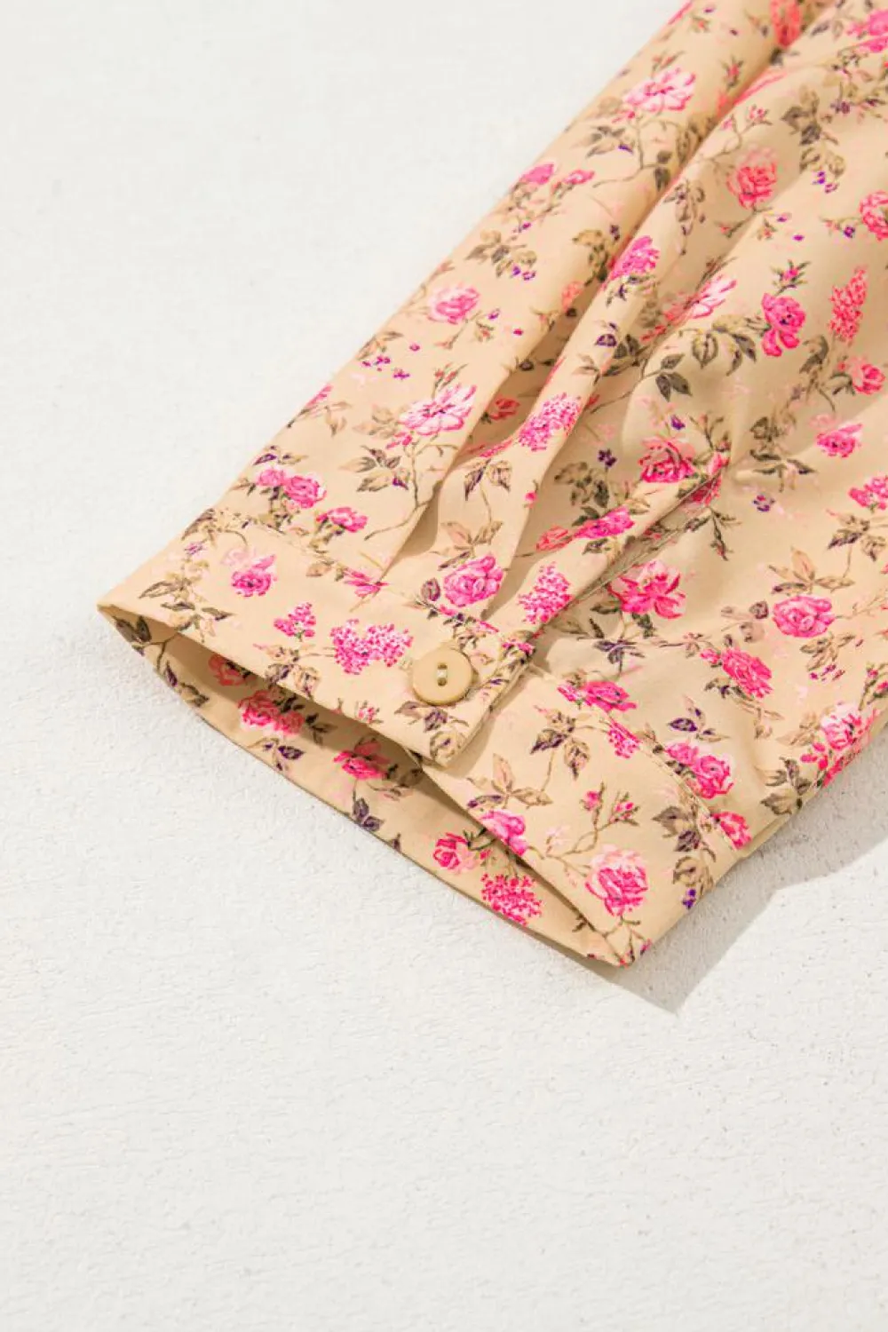 Fashion Dear-Lover Floral Print Bow Pintuck Bust Half Puff Sleeve Blouse Top Light French Beige