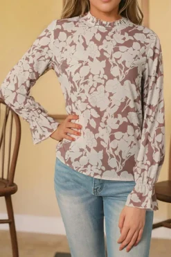 Hot Dear-Lover Floral Print Frilled Neckline Flounce Sleeve Blouse Light French Beige