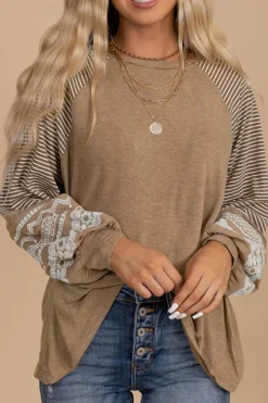 Sale Dear-Lover Floral Striped Patchwork Loose Long Sleeve Top Light French Beige