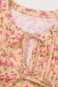 Fashion Dear-Lover Floral Print Bow Pintuck Bust Half Puff Sleeve Blouse Top Light French Beige