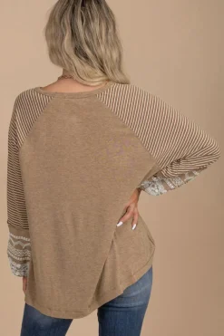 Sale Dear-Lover Floral Striped Patchwork Loose Long Sleeve Top Light French Beige