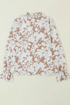Hot Dear-Lover Floral Print Frilled Neckline Flounce Sleeve Blouse Light French Beige