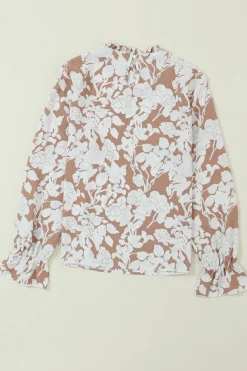 Hot Dear-Lover Floral Print Frilled Neckline Flounce Sleeve Blouse Light French Beige