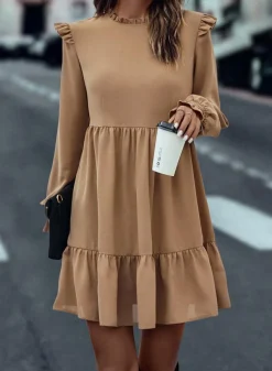 Outlet Dear-Lover Frilled Collar Ruffled Shoulder Tiered Dress Light French Beige