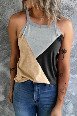 Fashion Dear-Lover Geometric Color Block Sleeveless Top Light French Beige