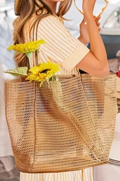 Clearance Dear-Lover Hollowed Zipped Interior Pocket Nylon Tote Bag Light French Beige