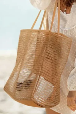 Clearance Dear-Lover Hollowed Zipped Interior Pocket Nylon Tote Bag Light French Beige