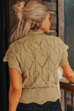 Outlet Dear-Lover Hollowed Knit Scalloped Trim High Neck Sweater Light French Beige