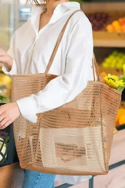 Clearance Dear-Lover Hollowed Zipped Interior Pocket Nylon Tote Bag Light French Beige