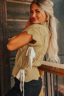 Outlet Dear-Lover Hollowed Knit Scalloped Trim High Neck Sweater Light French Beige