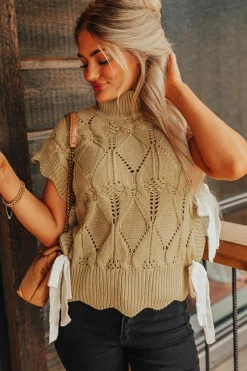 Outlet Dear-Lover Hollowed Knit Scalloped Trim High Neck Sweater Light French Beige