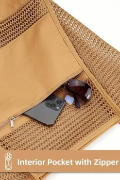 Clearance Dear-Lover Hollowed Zipped Interior Pocket Nylon Tote Bag Light French Beige