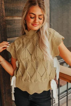 Outlet Dear-Lover Hollowed Knit Scalloped Trim High Neck Sweater Light French Beige