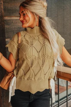 Outlet Dear-Lover Hollowed Knit Scalloped Trim High Neck Sweater Light French Beige