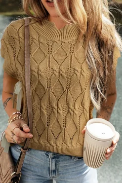 Outlet Dear-Lover Hollowed Knit Scalloped Trim High Neck Sweater Light French Beige