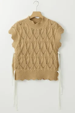 Outlet Dear-Lover Hollowed Knit Scalloped Trim High Neck Sweater Light French Beige
