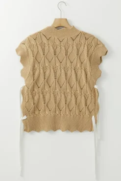Outlet Dear-Lover Hollowed Knit Scalloped Trim High Neck Sweater Light French Beige