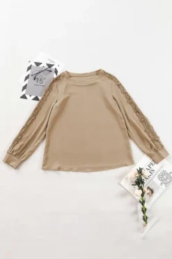 Best Dear-Lover Lace Crochet Patched Crew Neck Top Light French Beige