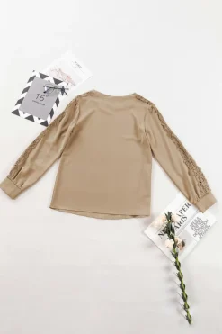 Best Dear-Lover Lace Crochet Patched Crew Neck Top Light French Beige