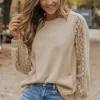 Discount Dear-Lover Lace Patch Sleeve Waffle Knit Top Light French Beige