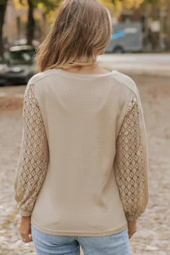 Discount Dear-Lover Lace Patch Sleeve Waffle Knit Top Light French Beige
